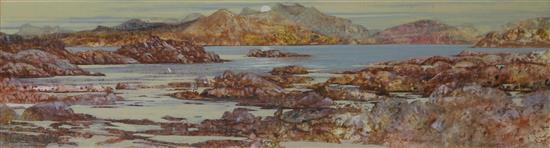 John Bathgate, watercolour, Skye at sunset, signed, 10 x 36cm